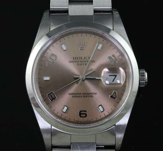 A gentlemans 2003 stainless steel Rolex Oyster Perpetual Date wrist watch,
